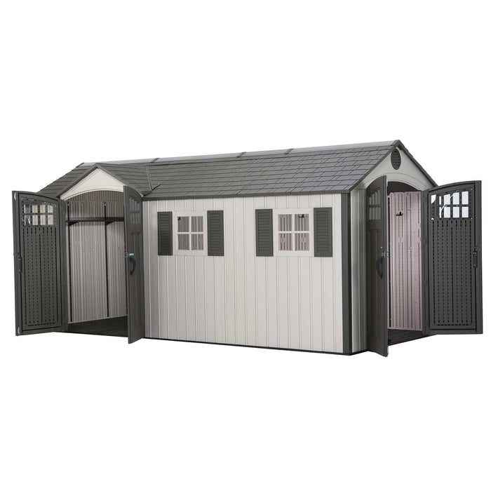 Storage Shed with doors opened on both ends, placed on a white background
