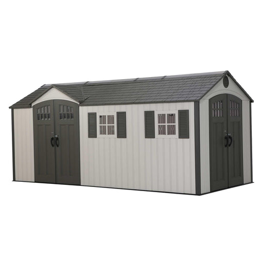A full view of a Lifetime 17.5 Ft. X 8 Ft. Outdoor Storage Shed on a white background.