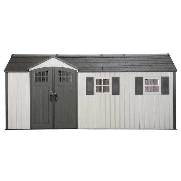Front view of Lifetime Outdoor Storage Shed  on a white background.