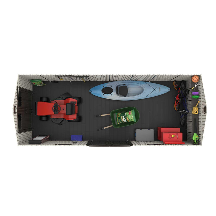 An aerial view of a garage equipment and other items.