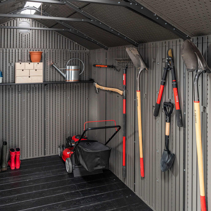 Stored equipment hanging on the walls of a compartmentalized shed