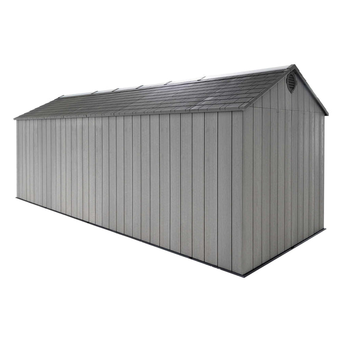 A backside angle of Lifetime 20 Ft. X 8 Ft. Outdoor Storage Shed - 60351 on a white background.