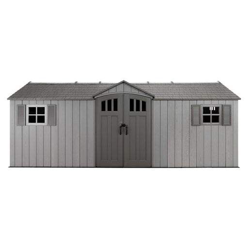 A full front view of a Lifetime 20 Ft. X 8 Ft. Outdoor Storage Shed - 60351 on a white background.