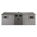 A full front view of a Lifetime 20 Ft. X 8 Ft. Outdoor Storage Shed - 60351 on a white background.