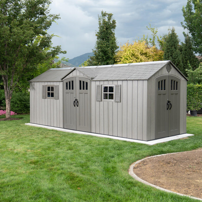 A Lifetime gray shed in a yard
