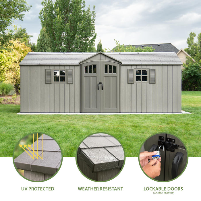 Features of a Lifetime 20 Ft. X 8 Ft. Outdoor Storage Shed - 60351 showing UV protection, resistance from weather, and lockable doors