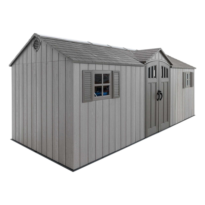 A corner view of the outside features of Lifetime 20 Ft. X 8 Ft. Outdoor Storage Shed - 60351 on a white background.