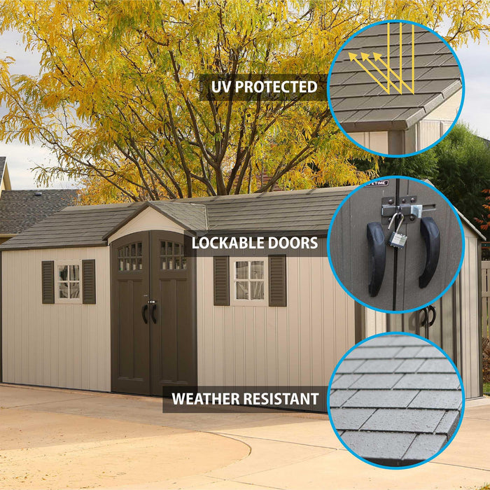 The features of a Lifetime 20 Ft. X 8 Ft. Outdoor Storage Shed - 60127 which includes lockable doors, weather resistant roof and protection from UV rays