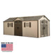 A Lifetime 20 Ft. X 8 Ft. Outdoor Storage Shed - 60127 with an american flag stating it was made in the USA