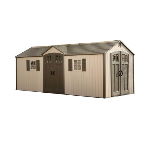A full view of a shed on a white background.