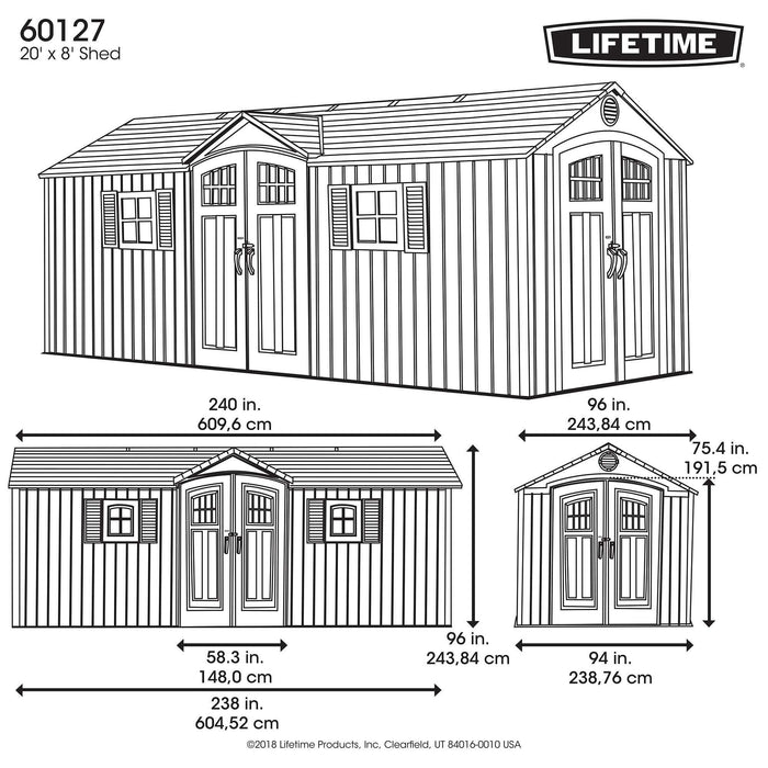Detailed diagram of the dimensions of Lifetime  60127 20 Ft. x 8 Ft. Outdoor Storage Shed