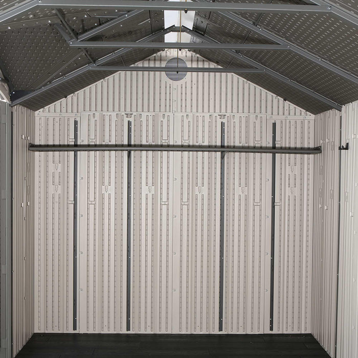 An interior frame of the Lifetime 17.5 Ft. X 8 Ft. Outdoor Storage Shed