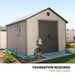 A Lifetime 11 Ft. X 13.5 Ft. Outdoor Storage Shed - 6415 in a backyard with the words foundation required.