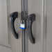 A door handle with a Lifetime 11 Ft. X 13.5 Ft. Outdoor Storage Shed - 6415 padlock attached to it.