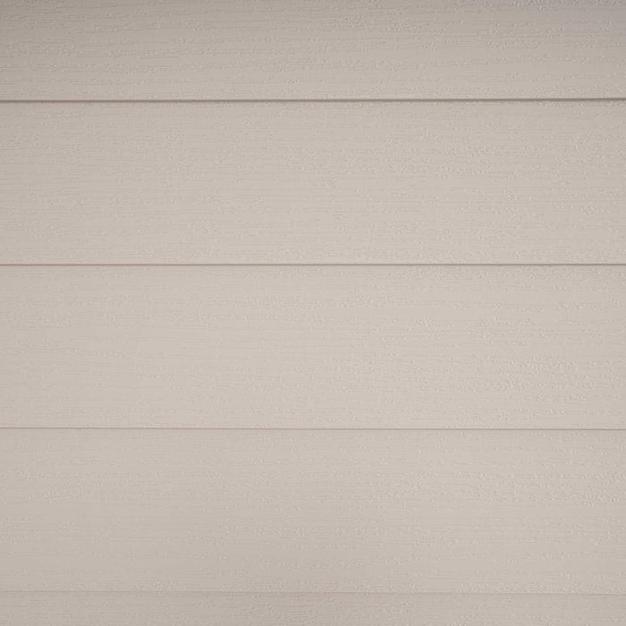 A close up view of a Lifetime 11 Ft. X 13.5 Ft. Outdoor Storage Shed - 6415 in beige siding.