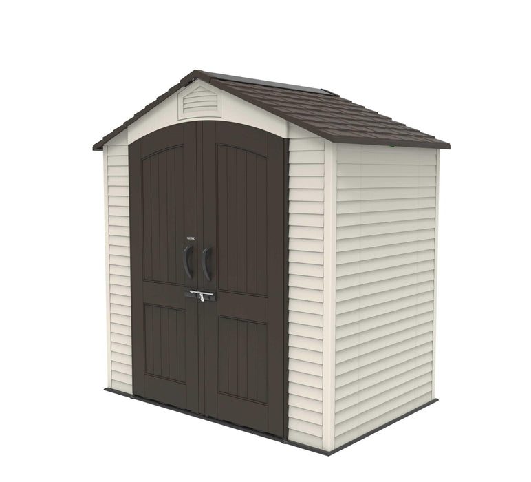 An angled view of a Storage Shed  in brown and white on a white background.