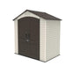 An angled view of a Storage Shed  in brown and white on a white background.