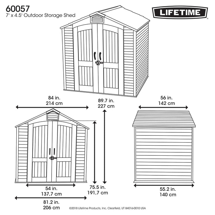 A diagram showing the dimensions of an Outdoor Storage Shed - 60057 by Lifetime.