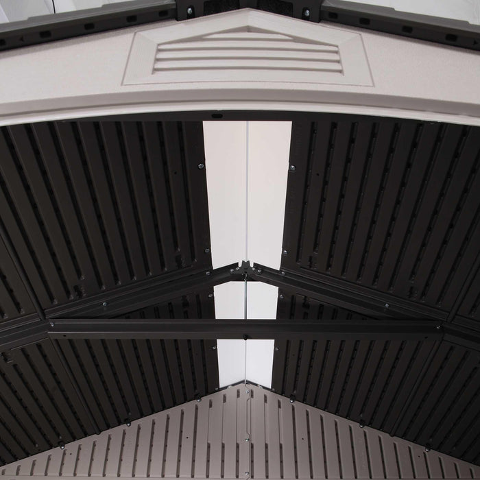 An interior view of the ceiling of a storage building