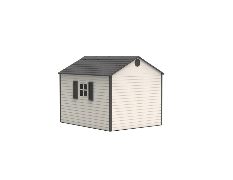 A rear corner angle of a storage utility cabin in a plain white background