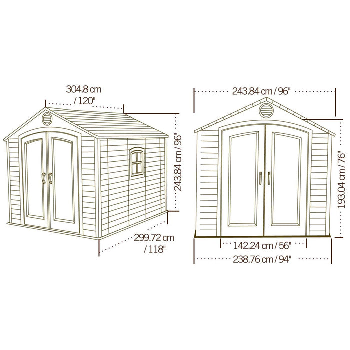 A diagram showing the measurements of a storage cabin by Lifetime