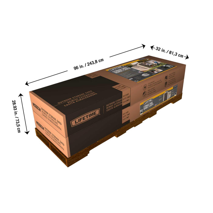 A diagram showing the dimensions of the packaging of a storage shed