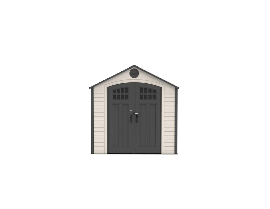 A front view of a Tool House featuring two wide doors on a white background 