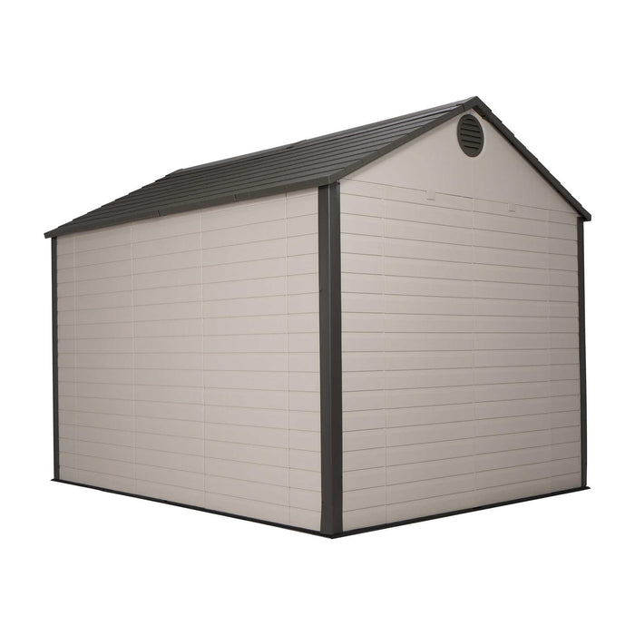 A cornered rear view of a cabin featuring a vent in a white background