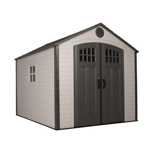An angled view of a storage cabin on a white background.
