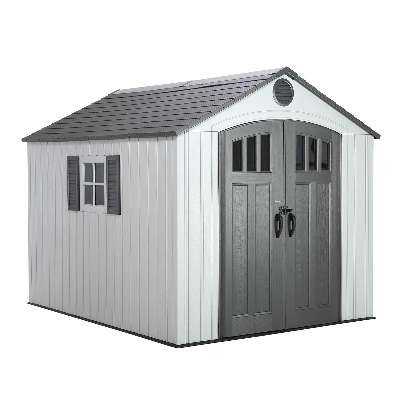 Front view of a storage shed featuring closed doors and a window in a white background