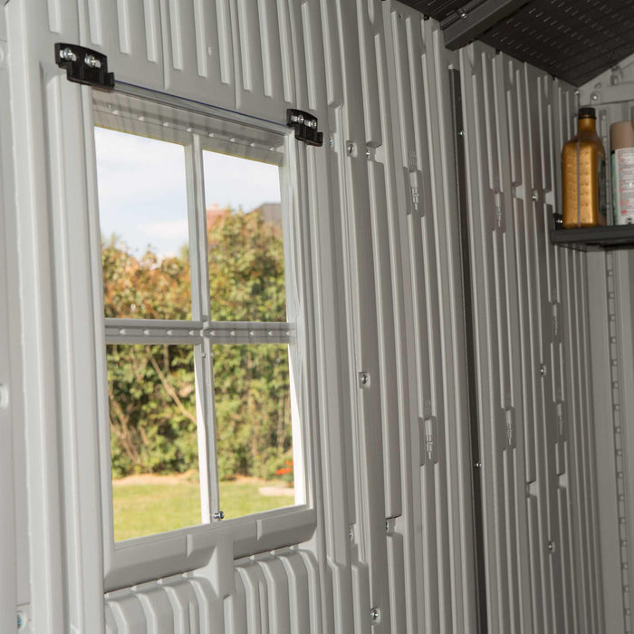 Interior view of the window of a storage shed