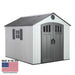 An angled view of a storage cabin made in the USA