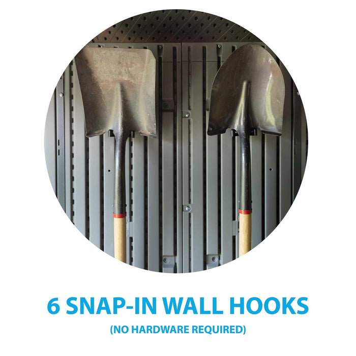 6 Lifetime snap in wall hooks as an inclusion of an outdoor storage shed