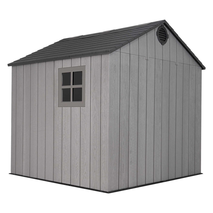 A cornered rear view of a cabin featuring a vent and a window in a white background