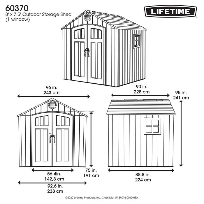A diagram showing the dimensions of a utility shed by Lifetime