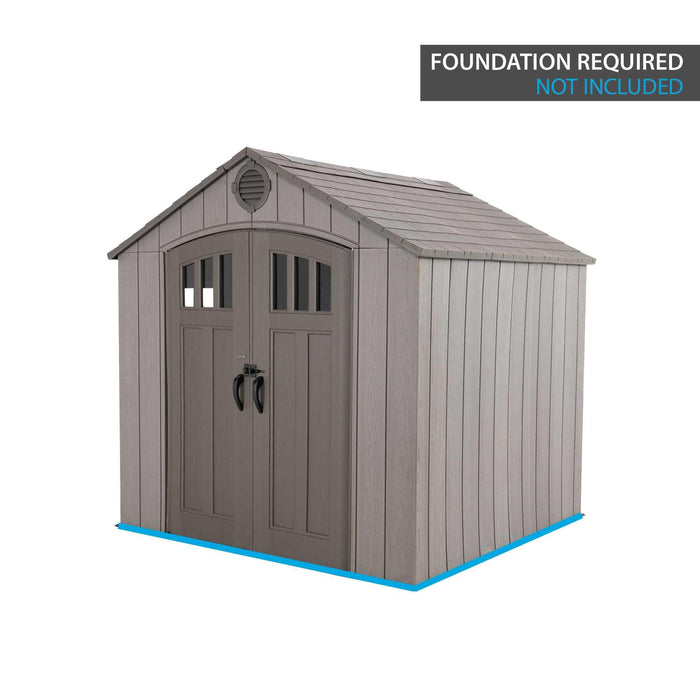 An angled view of a shed featuring foundation required but not included, all on a white background.