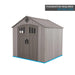 An angled view of a shed featuring foundation required but not included, all on a white background.