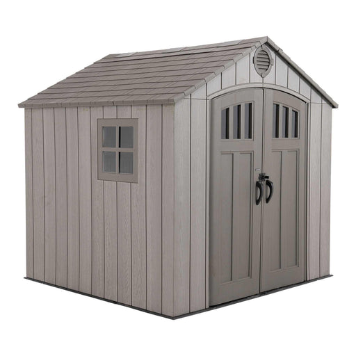 An angled view of a shed on a white background.