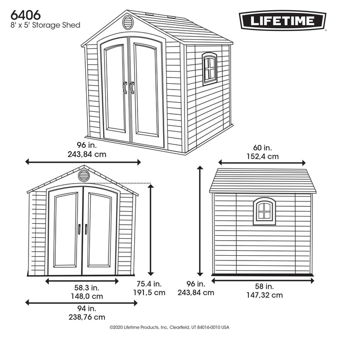 A diagram showing dimensions of a storage shed form lifetime