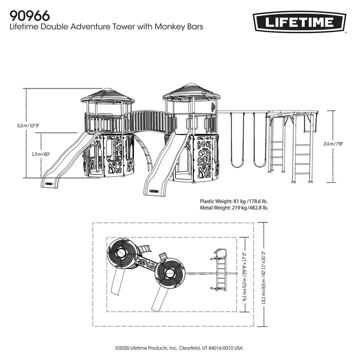 Technical drawing of the Lifetime Double Adventure Tower with Monkey Bars and dimensions.