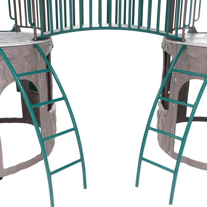 View of the bridge connecting two towers with monkey bars in the Lifetime Double Adventure Tower.