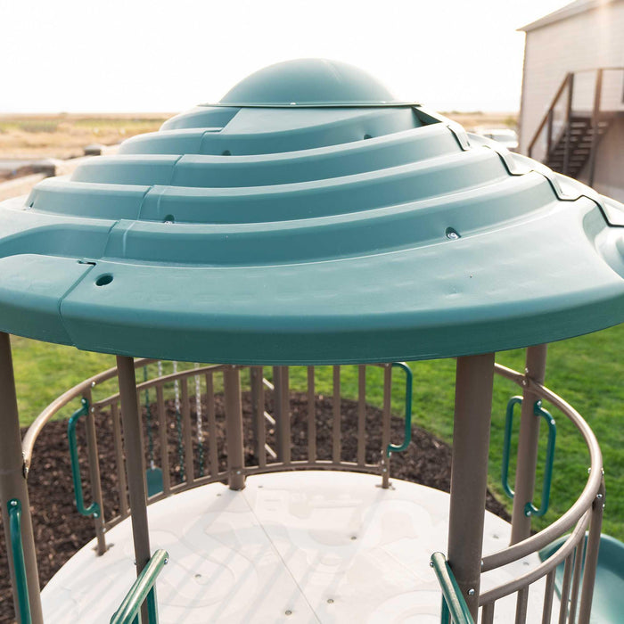 Close-up of the tiered roof on the Lifetime Double Adventure Tower playset.