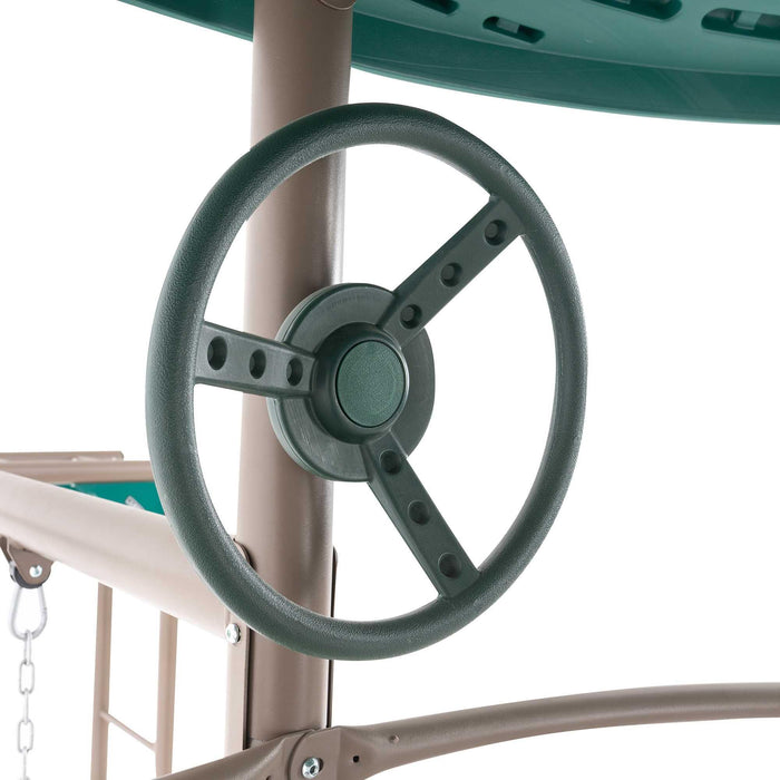 Close-up of the steering wheel play feature on the Lifetime Double Adventure Tower.