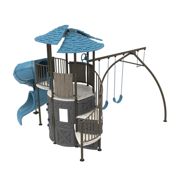 Side view of Lifetime Adventure Castle playset with blue slide and swings.