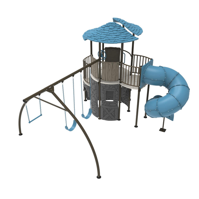 Angled view of Adventure Castle showing slide, swings, and tower.