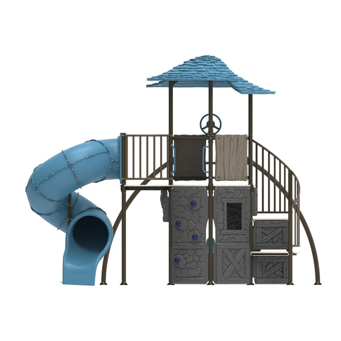 Front view of the complete Adventure Castle structure with slide and swings.