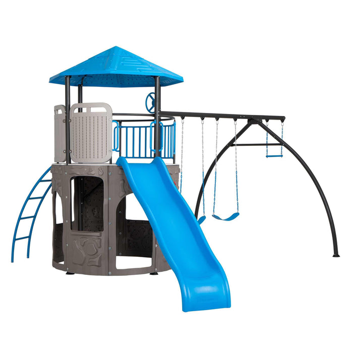 Full view of the Lifetime Adventure Tower playset with swings and slide.