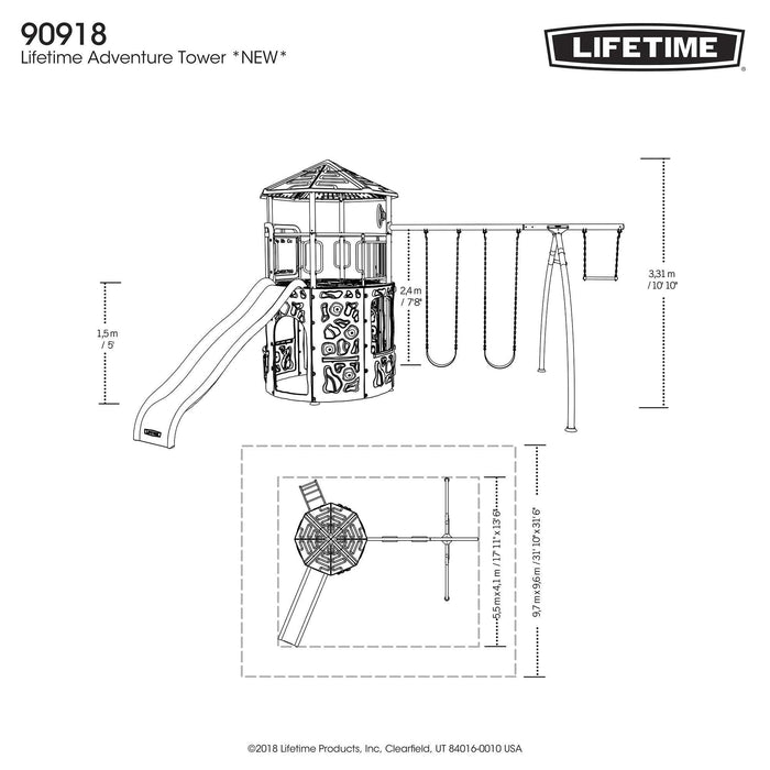 Technical drawing of the Lifetime Adventure Tower playset with dimensions.
