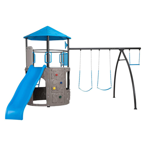 An empty Lifetime Adventure Tower playset showcasing a bright blue slide, rock-climbing wall, and four swings under a blue canopy.