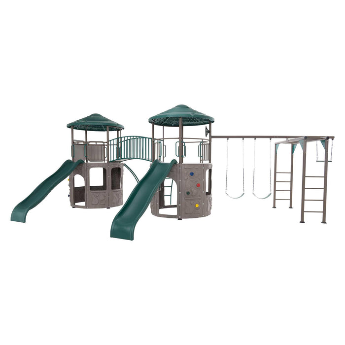 Lifetime Double Adventure Tower playset with two slides and monkey bars.
